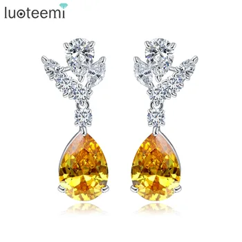 

LUOTEEMI Sparkling Fashion Top Quality Yellow Waterdrop Zircon Classic Stud Earrings Brincos for Women Jewelry Gift