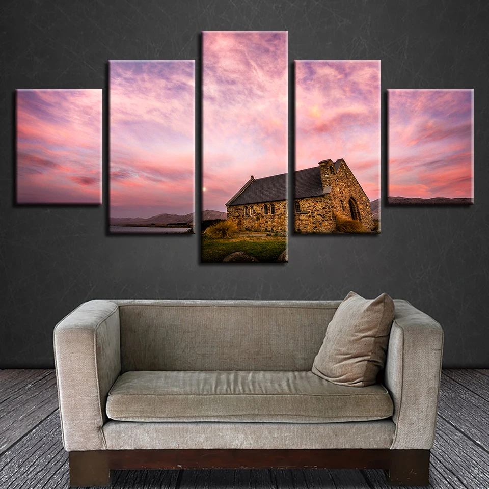 

Abstract Photo Wall Modular Pictures For Living Room Decorative 5 Panel Pink Sky Cottage Frame HD Poster Canvas Painting