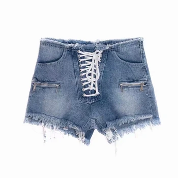 

Low Waist Washes Fading Irregular Edge Front Drawstring Denim Shorts American Street Style Hot Zipper Designs Cotton Jean Shorts