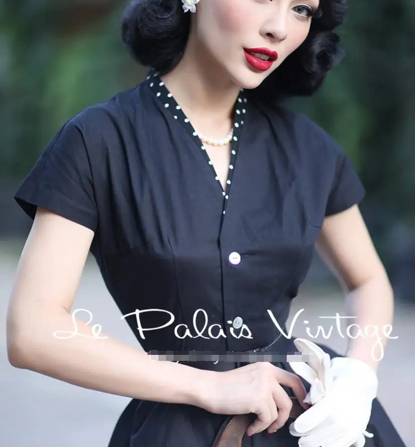 Винтажное элегантное классическое черное тонкое темпераментное платье с коротким рукавом в стиле Хепберн 1950S