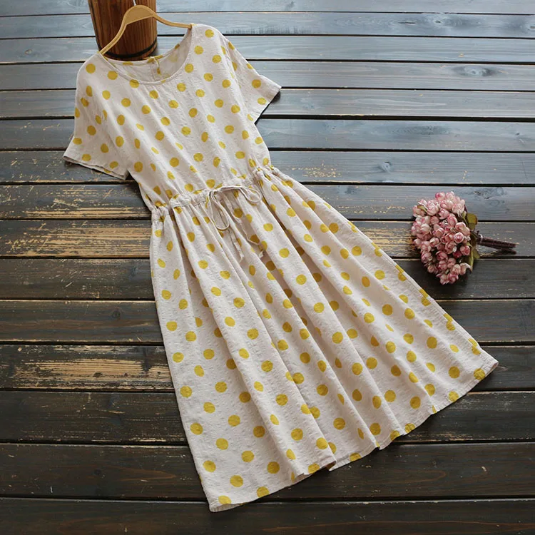 

2019 Women Dress Short Sleeve Dots Loose Cotton Linen Elastic Waist Dress o Neck Vintage Mori Girl Fashion Women Robe