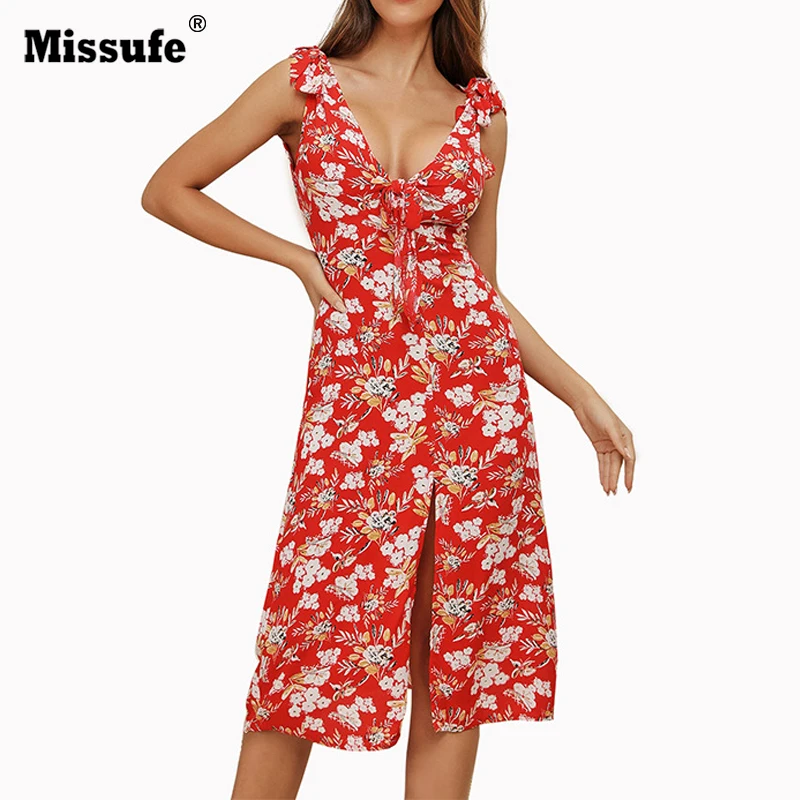

Missufe Front Bow Sexy V Neck Summer Dress Women Off Shoulder Frill Midi Length Ukrain Floral Print Slit Female Boho Beach Dress