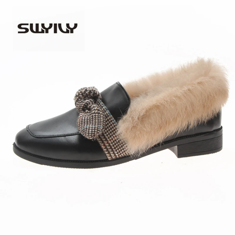 

SWYIVY Women Shoes Winter Loafers 2019 Autumn/winter Flats Lady Bow Faux Fur Black Casual Shoes Woman Flat Slip On Loafers Fur