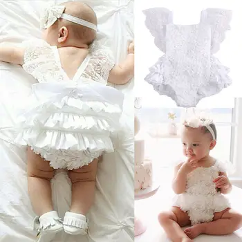 

Newborn Infant Baby Girls Lace White Clothes Bodysuits Puff Sleeve Jumpsuit Summer Outfits Baby Clothing Sunsuit 0-18M