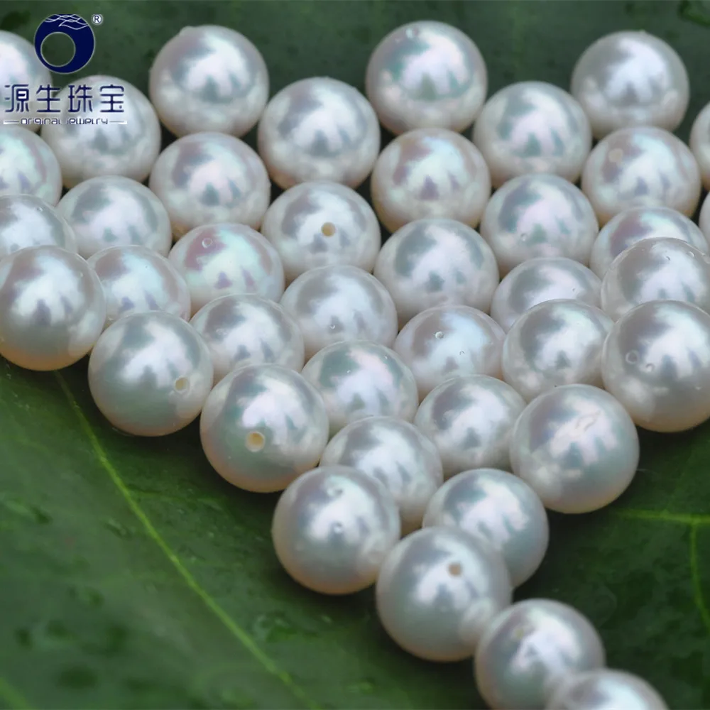 [YS] 8-9mm Half drilled Akoya Pearls White & Gold Japanese Cultured Akoya Pearls Beads