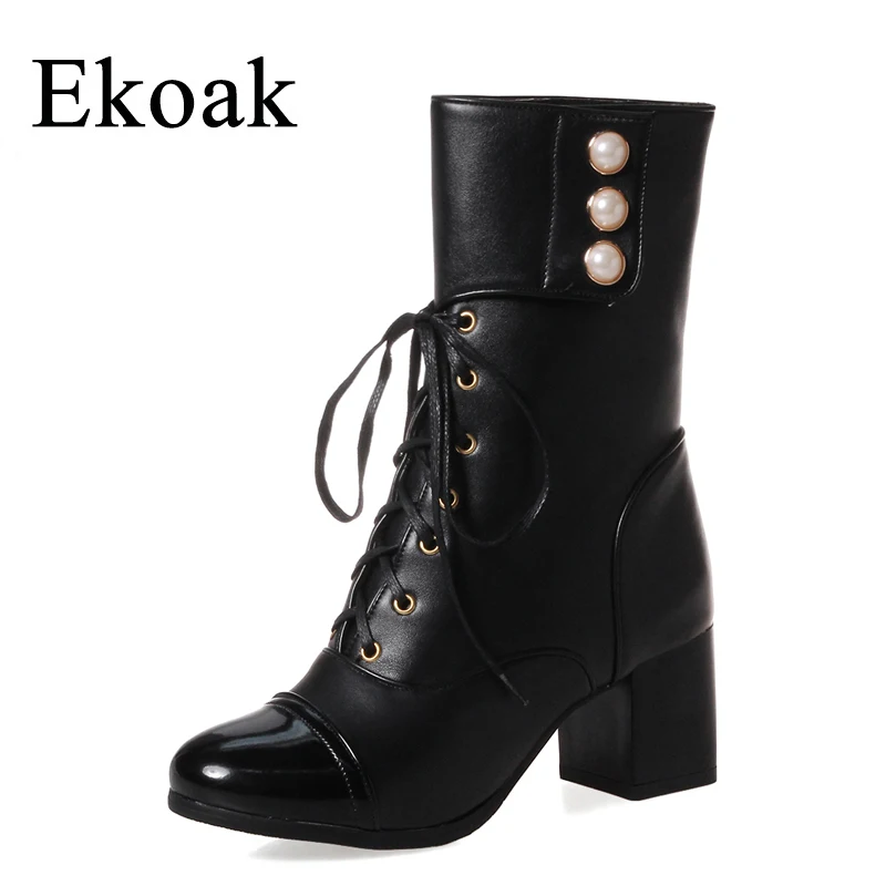 

Ekoak New 2017 Autumn Women Boots Fashion Motorcycle Boots Ladies Lace-Up Mid-Calf Boots High Heels Shoes Woman Martin Boots