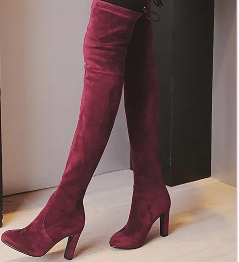 Модные женские зимние сапоги до бедра женские сапоги выше колена из искусственной замши на высоком каблуке Zapatos De Mujer; Размеры-43 - Цвет: Бордовый