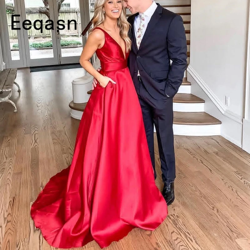 

2019 Elegant Prom Dresses with Pockets Satin V Neck Red Evening Gowns Long Party Gowns Robe De Soiree Sexy Formal Dresses