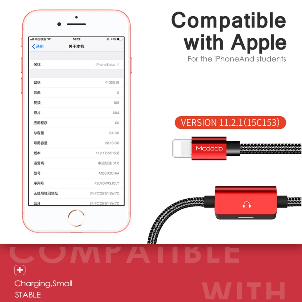 Mcdodo аудио адаптер зарядки 2A кабель для iPhone X 8 7 Plus Lightning 2 в 1 Наушники разъем