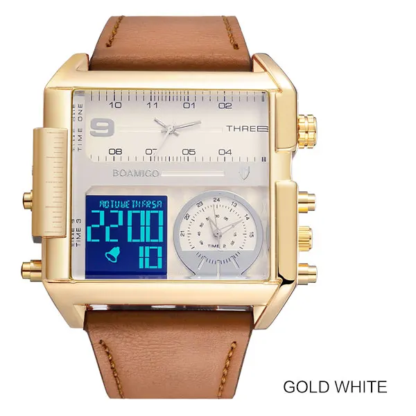 new gold white Мужские крупные военные наручные часы BOAMIGO, черного цвета, кварцевые, спортивные, с кожаным ремешком, с 3 часовыми поясами и светодиодным дисплеем - Цвет: new gold white