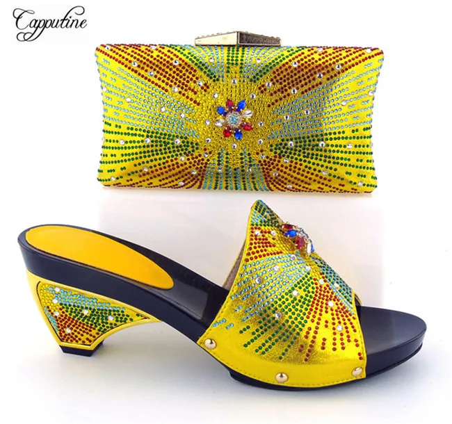 

Gorgeous yellow special high heel sandal slip on shoes and purse handbag set with rhinestones 121-2, heel height 8cm