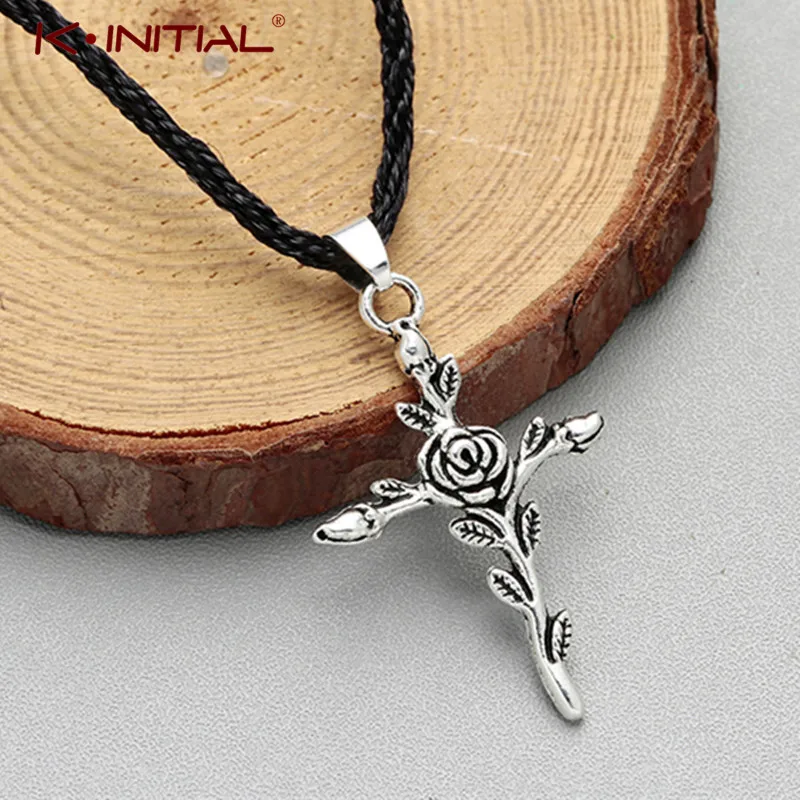 Fashion Rose Flower Cross Pendant Necklace Charm Retro Silver Beauty