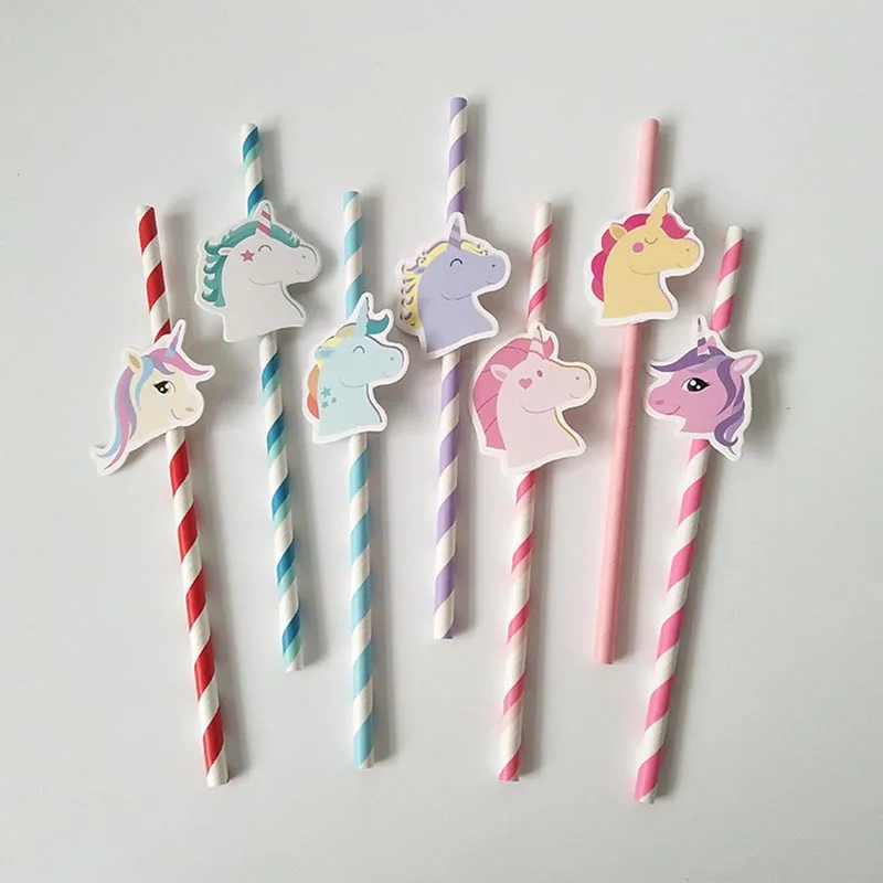 10Pcs Unicorn Party Straw Paper Striped Straws Unicorn for Kids