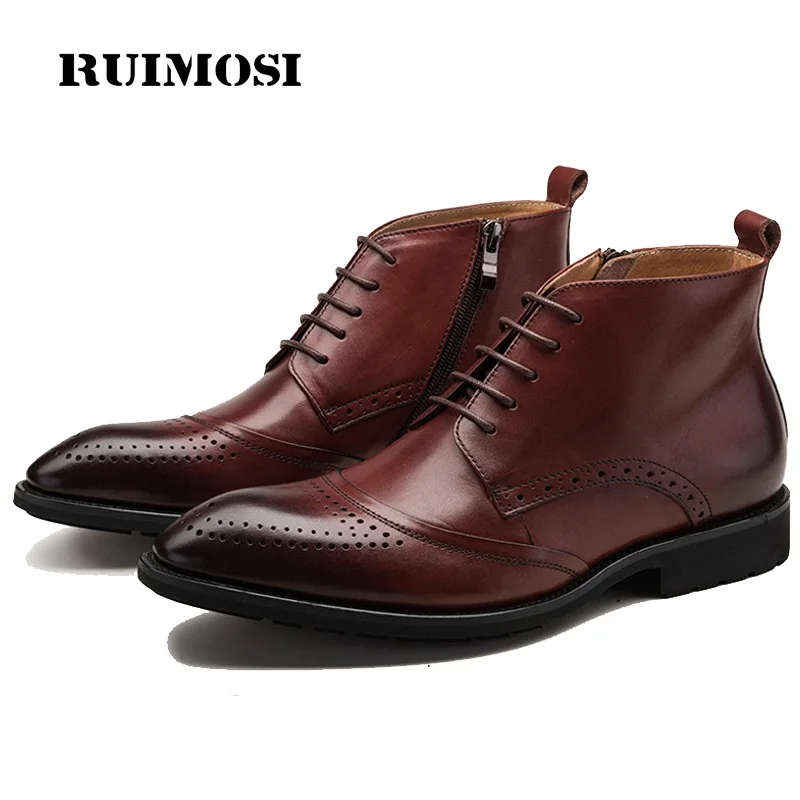RUIMOSI Fashion Wing Tip Man Outdoor Brogue Shoes Male Luxury Designer Genuine Leather Men's Cowboy Martin Ankle Boots DK43