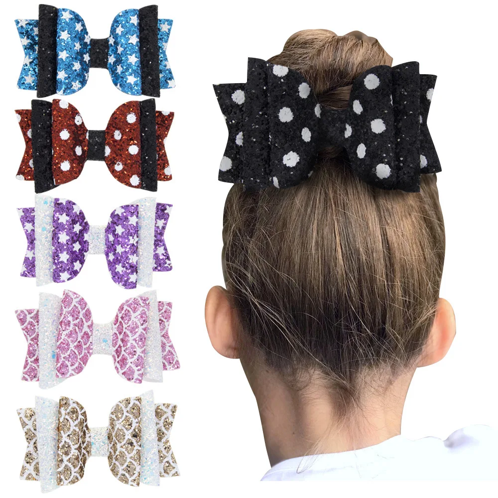 

2019 New Wave Point Star Glitter Hair Bows with Clips Mermaid Bowknot Girls Hairgrips Hairpins Princess Headwear