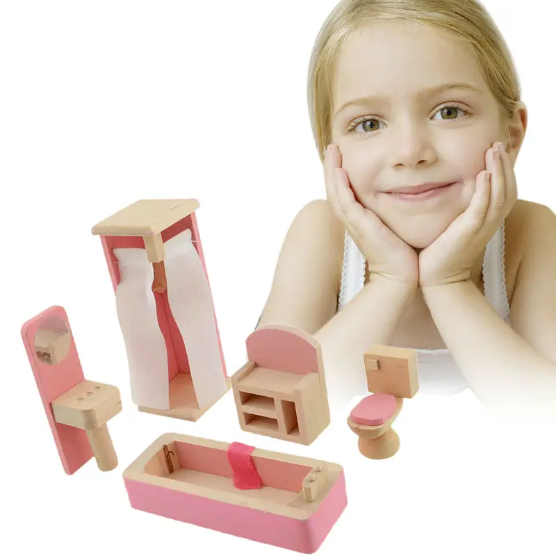Pink Color Wooden Doll Bathroom Furniture Toy Doll House Miniature For