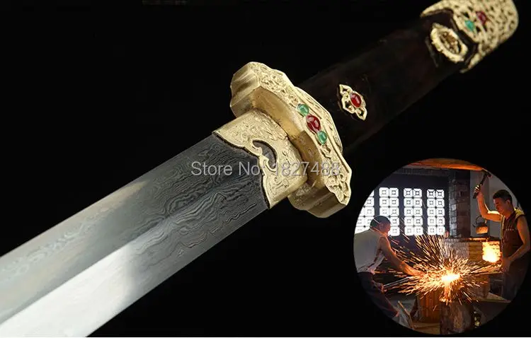 Полная медь/драгоценный камень ручной работы Дамасская сталь двойной край острый KungFu Han jian Tang меч катана