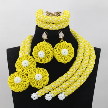 

Charming Yellow African Crystal Bridal Women Costume Jewelry Set White Beaded Engagement Celebration Beads Free Shipping QW717