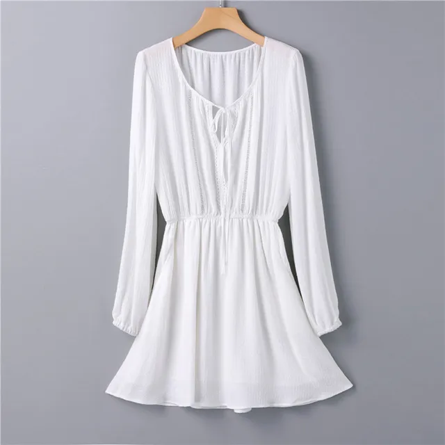 Women Autumn Spring White Cotton Dress Casual Long Sleeve O Neck Mini Dress Female Plus Size