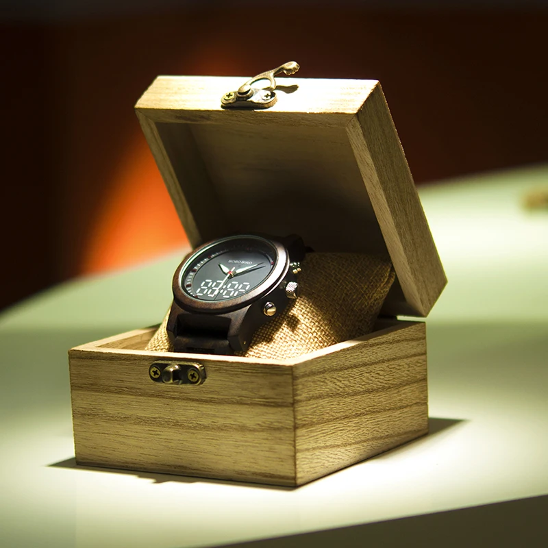 BOBO BIRD Digital Watch Black Wooden Men Quartz Dual Display Wristwatch reloj digital hombre