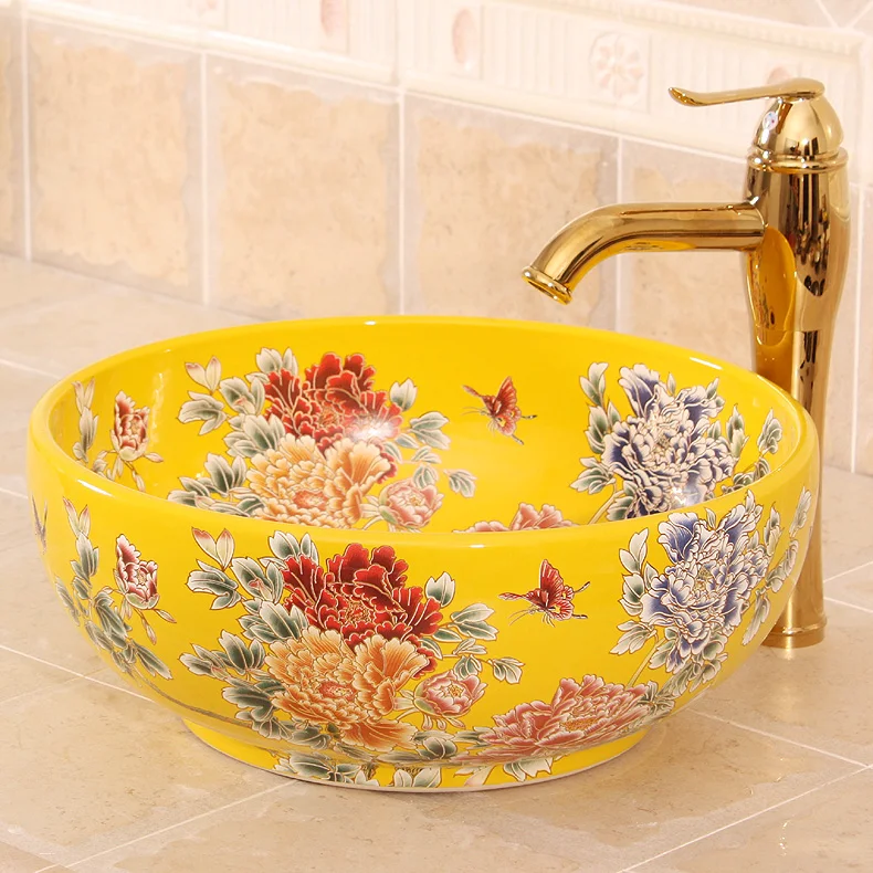 Good peony China Artistic Handmade Ceramic Lavobo Counter top Bathroom Sink Wash Basin bathroom sink yellow (3)