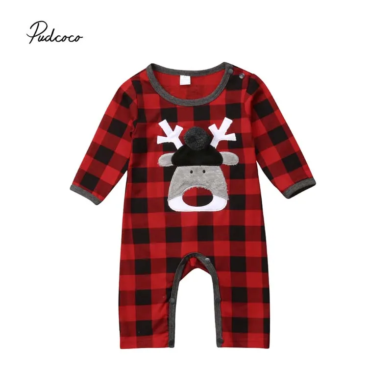

Pudcoco 2018 Newborn Baby Boy Girl Xmas Deer Romper Plaid Elk Cotton Long Sleeve Jumpsuit Clothes Outfit Christmas Costume 0-18M