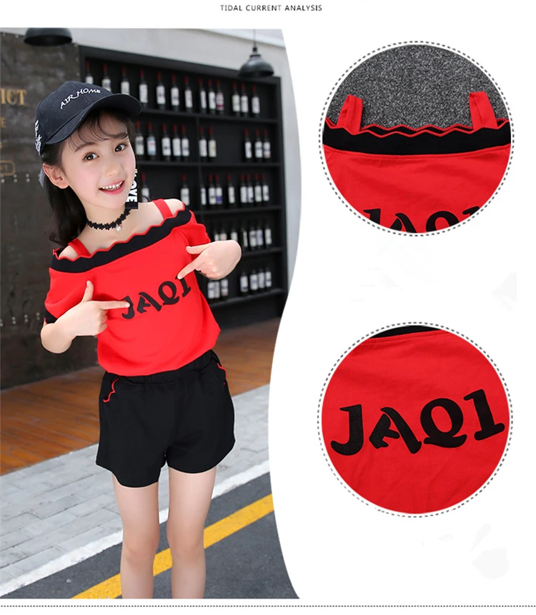 Cute Casual Teenage Clothes For Girls Clothing Sets 2019 Summer Children Shoulderless Letter Tshirt Tops Shorts 2Pcs Kids Suit (3)