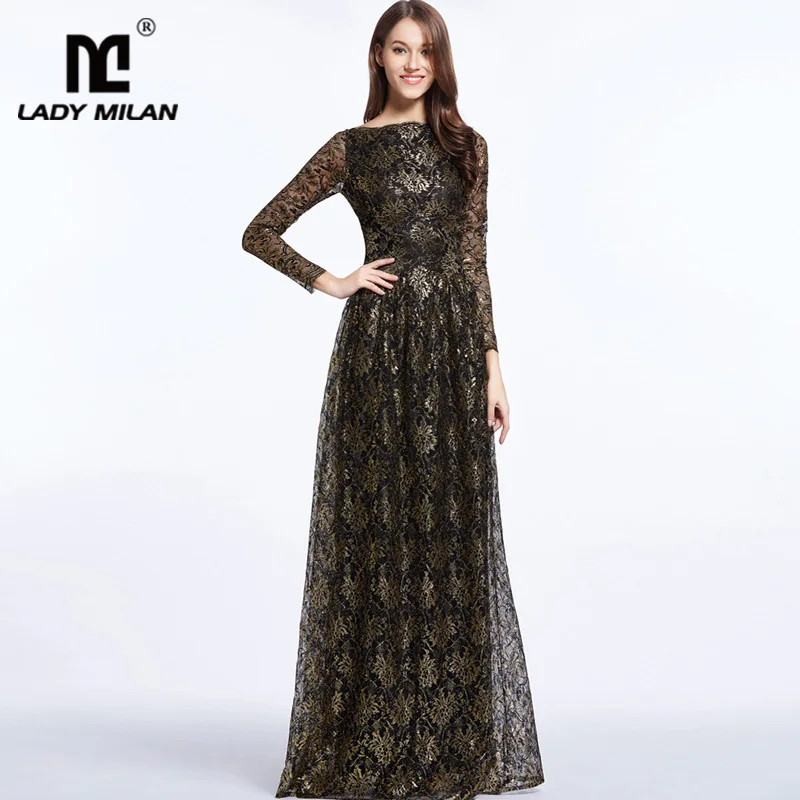 

Women's Runway Party Prom Slash Neckline Gold Stampling Long Sleeves Elegant Maxi Designer Dresses