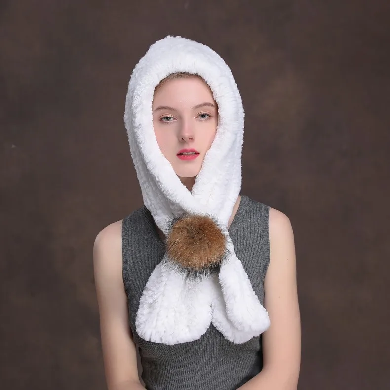 Женский зимний шарф с кисточками с капюшоном, вязанные уши, настоящий мех кролика, шапки для женщин, шарф из натурального меха, утолщенный