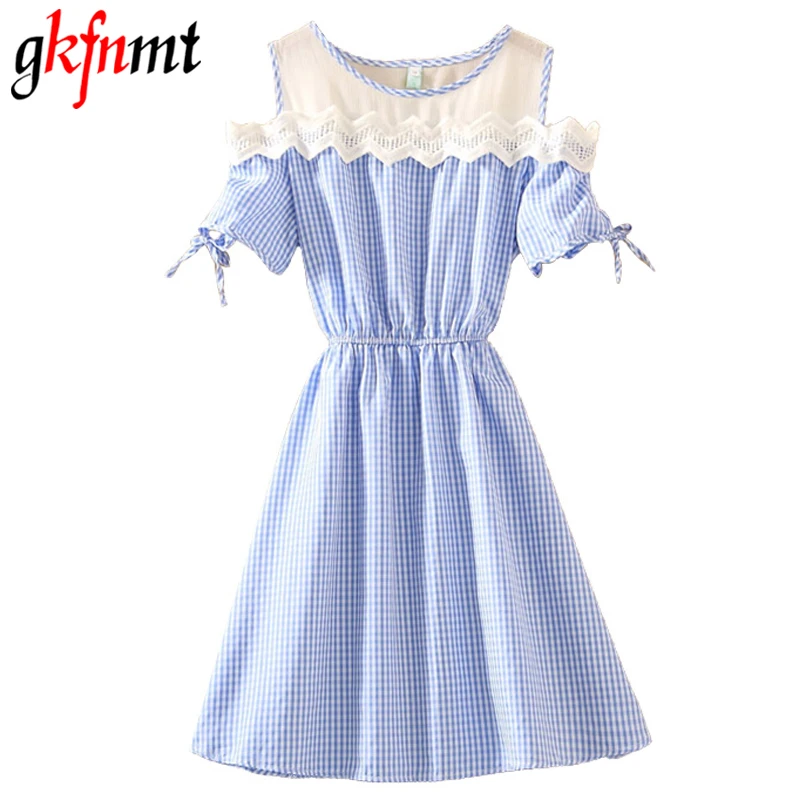

gkfnmt 2018 Elegant Office Summer Dress Shirt Elegant Blue Stripped Off Shoulder Lace Splice Mini To Work Shirts Women Dresses