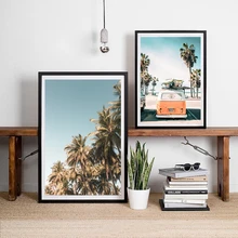 Palmeiras pintura praia arte da parede verão tropical decoração, ônibus surfista van pintura da lona imagem da parede arte costeira decoração de casa