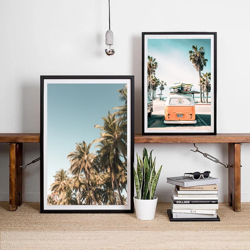 

Palm Trees Painting Beach Wall Art Summer Tropical Decor , VW BUS Surfer Van Canvas Painting Wall Picture Coastal Art Home Decor