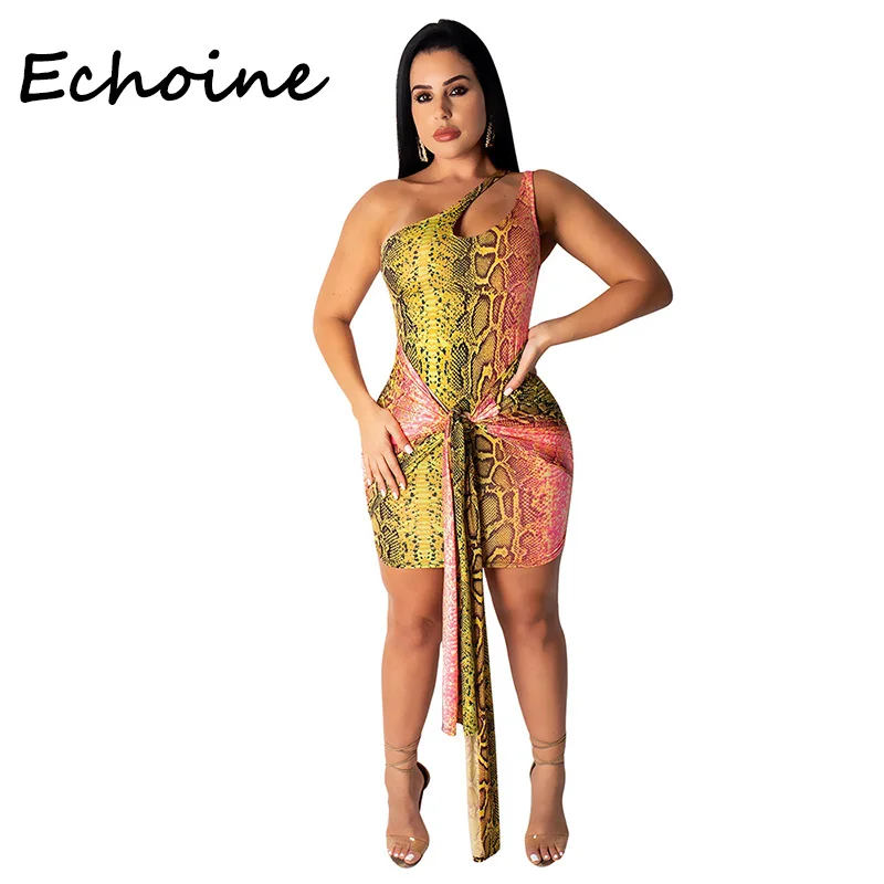 

Echoine Sexy Snake Print One Shoulder Dress Hollow Out Bandage Dress Bodycon Summer Clothes For Women