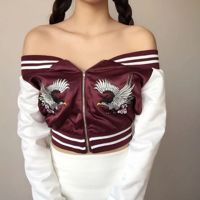 Heyouthoney Womens off shoulder satin bomber cropped baseball jackets