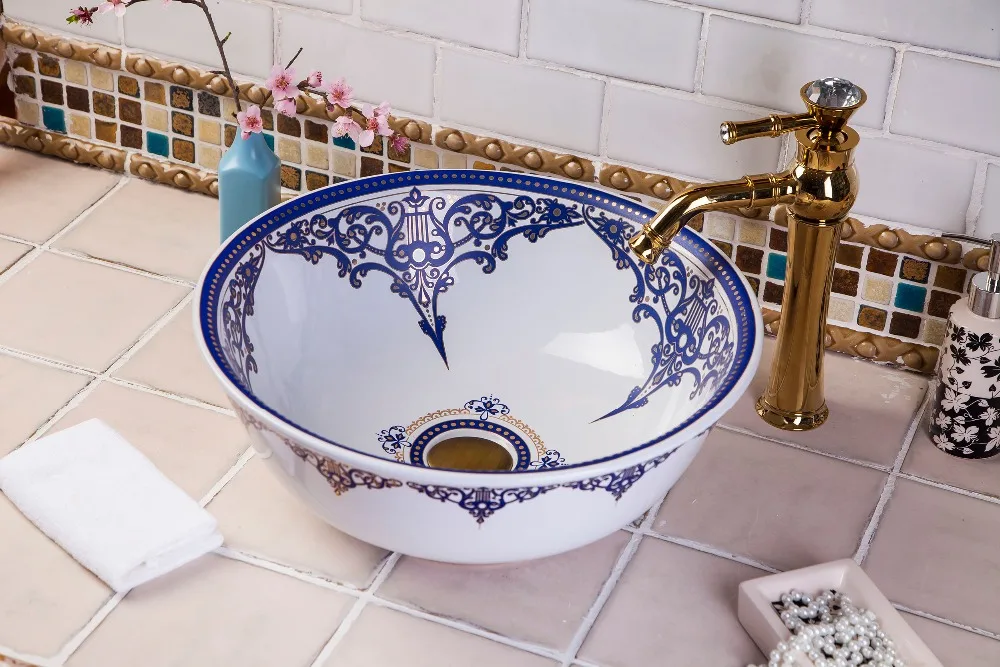 Colorful China Artistic Handmade porcelain Round bathroom counter top ceramic Bathroom basin sink decorative wash basin (1)