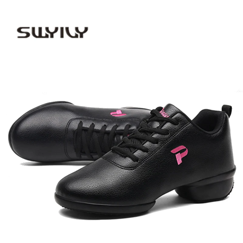 SWYIVY Female Leather Dance Shoes Spring New Comfortable Breathable Sport Shoes 2019 Woman Soft Sole Fitness Dance Shoe 5cm Heel