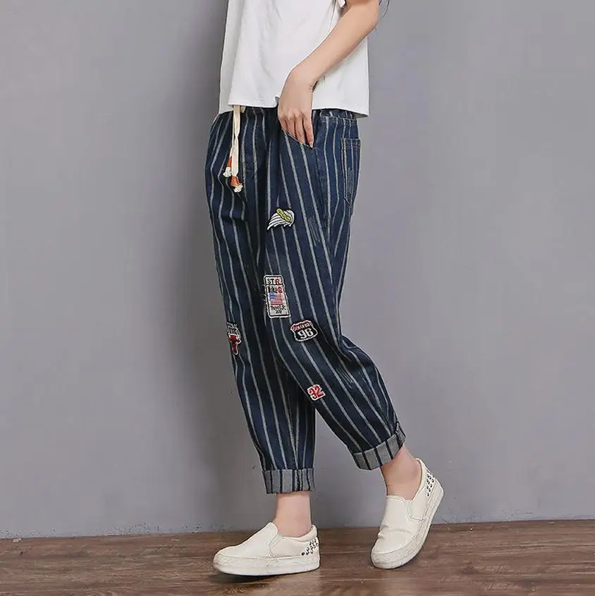 2XL-6XL Plus size 2017 Spring new Korean version striped cotton jeans women's loose Ankle-Length was thin wide leg pants wj374 2XL-6XL Plus size 2017 Spring new Korean version striped cotton jeans women's loose Ankle-Length was thin wide leg pants wj374