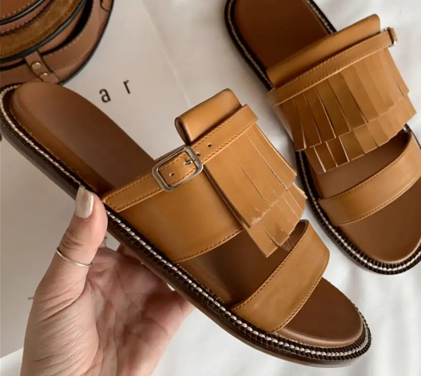 VIISENANTIN Lady Retro Slippers Flat Beach Tassel Slipper Color Match Open Toe Fringe Leather Slides Holidays Shoe
