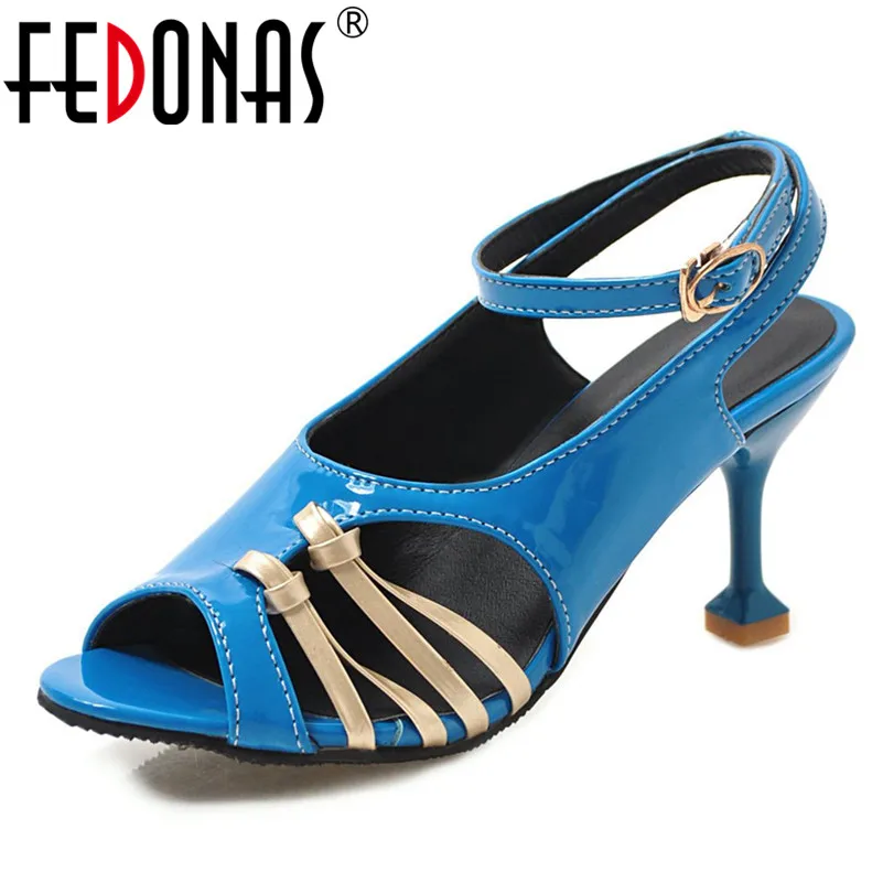 

FEDONAS Euro Style Patent Leather Shoes 2019 Spring Summer Women Fashion Sexy Peep Toe High Heels Sandals Party Prom Shoes Woman
