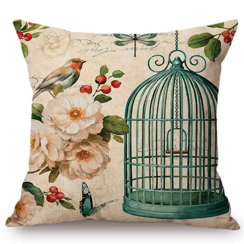 Elegante Blumen Vogel Kafig Zeichnung Home Dekorative Sofa Werfen Kissen Fall Vintage Blume Vogel Poster Design Leinen Kissen Abdeckung Cushion Cover Aliexpress