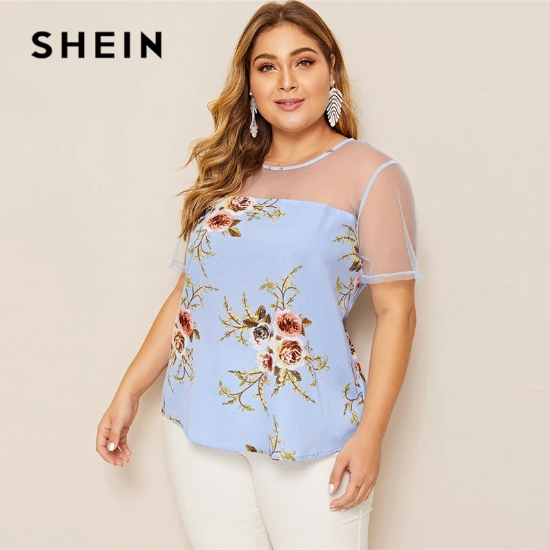SHEIN Plus Size Blue Mesh Yoke Floral Print Top Blouse 2019 Women Summer Casual Contrast Mesh Round Neck Short Sleeve Blouses SHEIN Plus Size Blue Mesh Yoke Floral Print Top Blouse 2019 Women Summer Casual Contrast Mesh Round Neck Short Sleeve Blouses
