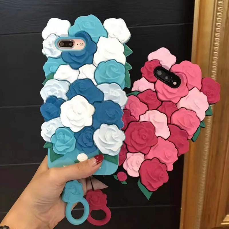 Aoweziic 3D Cute Romantic Rose Flowers Phone Case For iPhone X 6 6s 7 7 Plus XR XS MAX Soft Silicone Luxury Fashion Free Lanyard