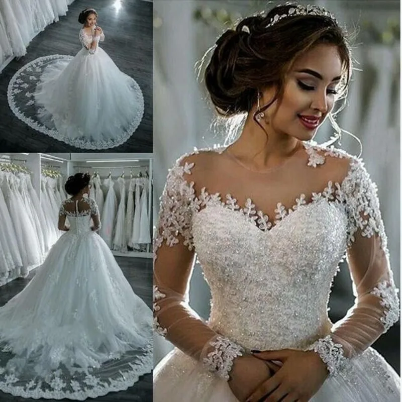 Plus Size Long Sleeves Wedding Dresses for Women with Beaded Appliques