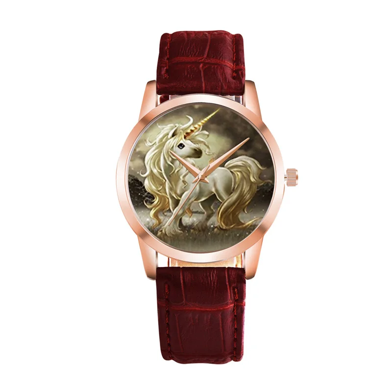 Новая мода Единорог кварцевые наручные часы очарование женщин браслет кожаный часы