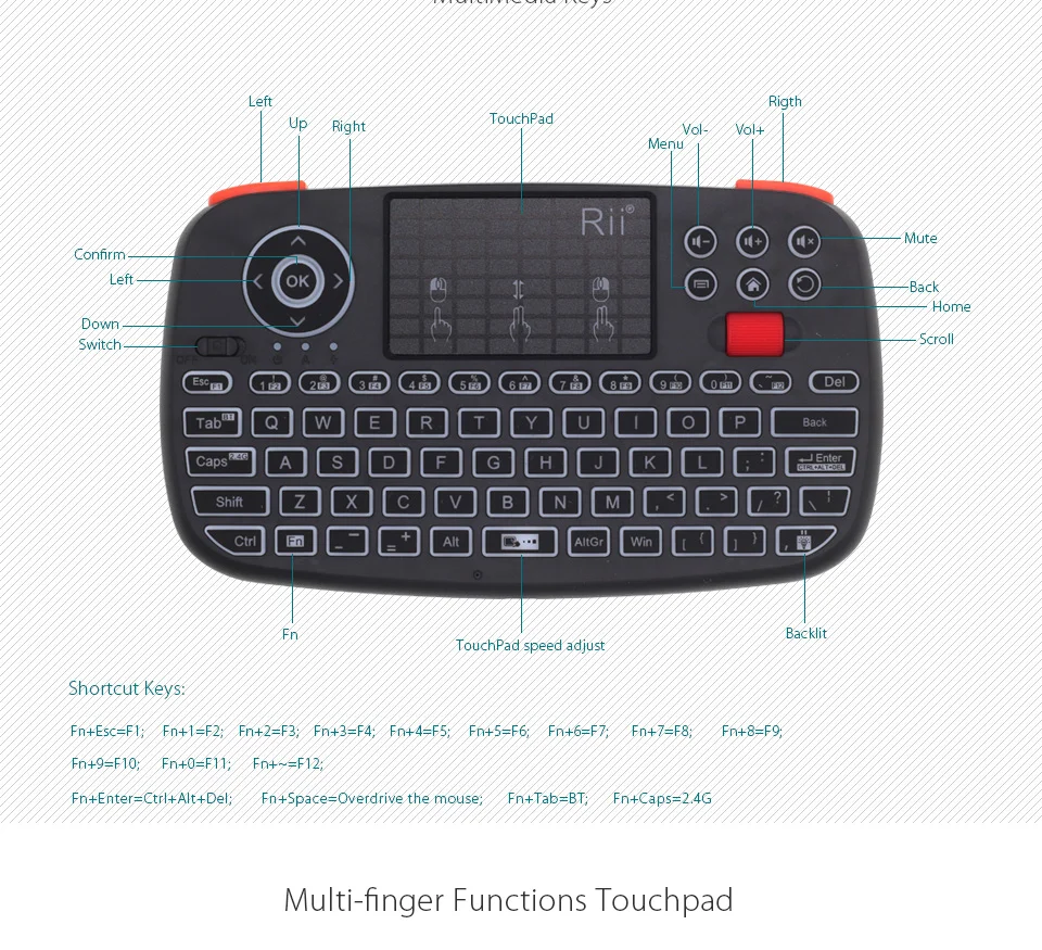 Rii RT726(i4) мини Bluetooth клавиатура русская французская еврейская, испанская 2,4 ГГц воздушная мышь с тачпадом для Android tv Box Mini PC