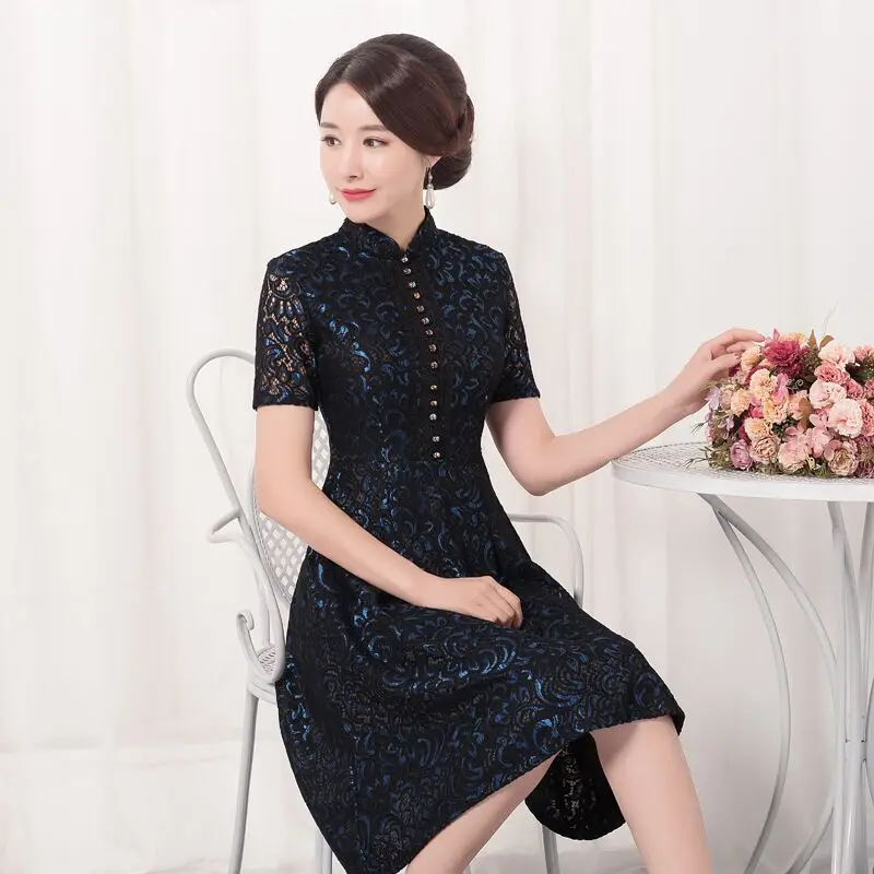 Короткие Стиль бордовый Для женщин 'размеры s и m ini Cheongsam летние китайские кружева Qipao платье новое поступление Vestidos Размеры размеры s m l xl XXL, XXXL 27511A - Цвет: Black-Blue