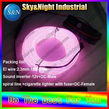 

(EL rope in ten colors) Pink EL neon light 2.3mm- 12M spiral line+cigarette lighter with fuse+Sound inverter 12V+free shipping