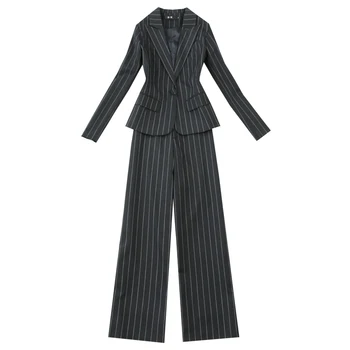 

2018 New Spring Autumn Ladies Long Sleeved Striped Suit Jacket Coat + Wide Leg Trousers Two Piece Women Professional Pants Suit