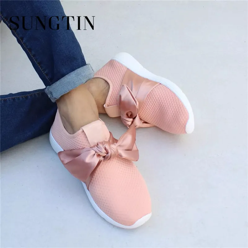 Sungtin Spring Summer New Women Comfortable Soft Breathable Plus Size Casual Shoes Ladies Solid Black Cute Bowknot Flat Shoes