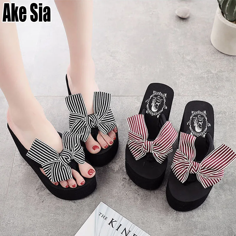 

Ake Sia Loveliness Bowknot Lady Women Summer Babouche Platform Super Wedge Heels 11cm Mules Flip-Flops Thong Slippers Shoes A218